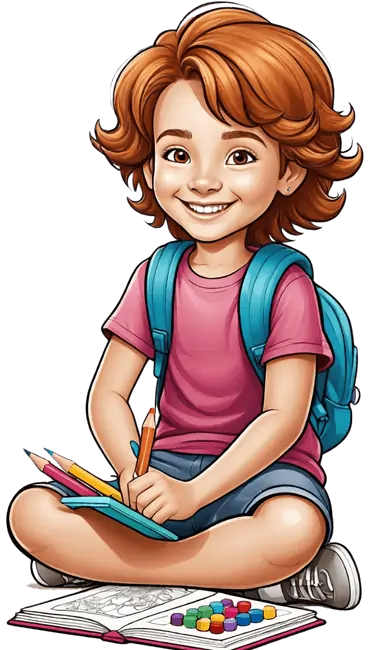 Girl sitting with a drawing book, coloring printable pages