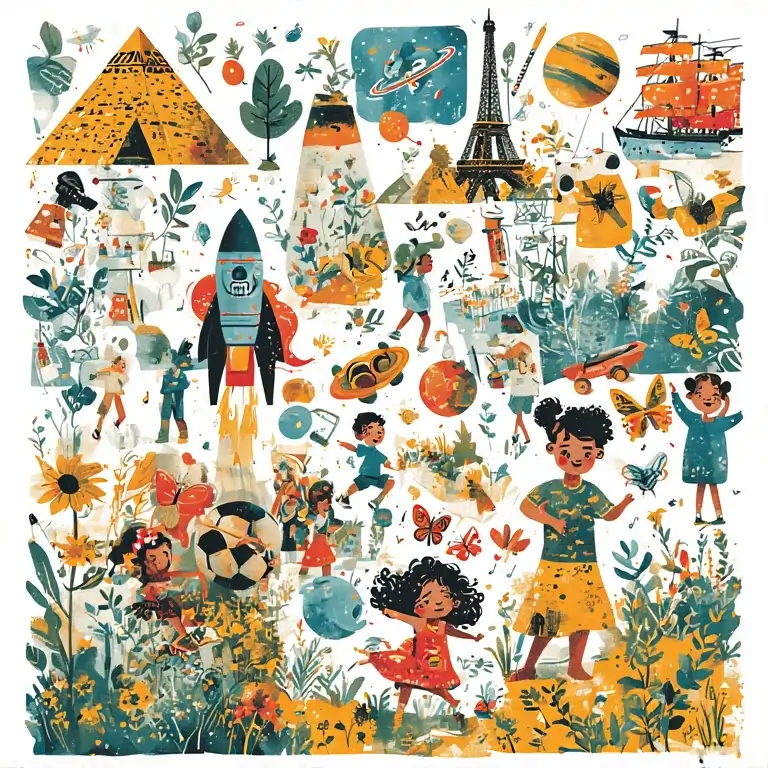 Collage illustration of educational themes for kids with rockets, pyramids, Eiffel Tower, nature, space, sports, and bugs — in a colorful cartoon style from free printable PDF coloring pages