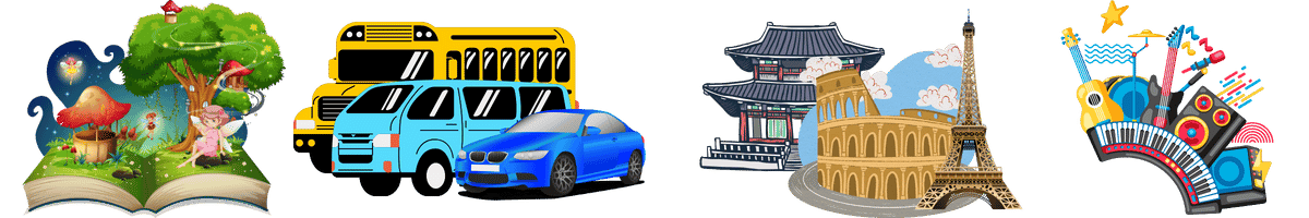 Collage of printable coloring themes including cars, pyramids, musical instruments