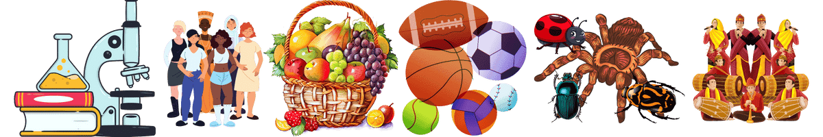 Collage of printable coloring themes including science, people, fruits and vegetables, insects and bugs and community