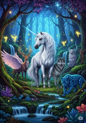 Mythical Creatures Coloring Book PDF Printable Unicorns, Forest Spirits, Wolves & Magical Beasts for Adults front cover