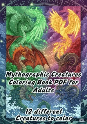 Mythographic Creatures Coloring Book PDF for Adults – Printable Dragon, Phoenix, Sea Monsters and Mythical Beasts front cover